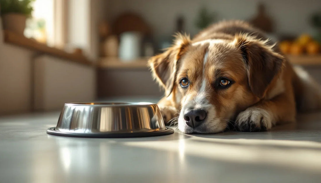 Böbrek hastası bir köpek için özenle hazırlanmış mama kabı yanında dinlenen yaşlı köpek
