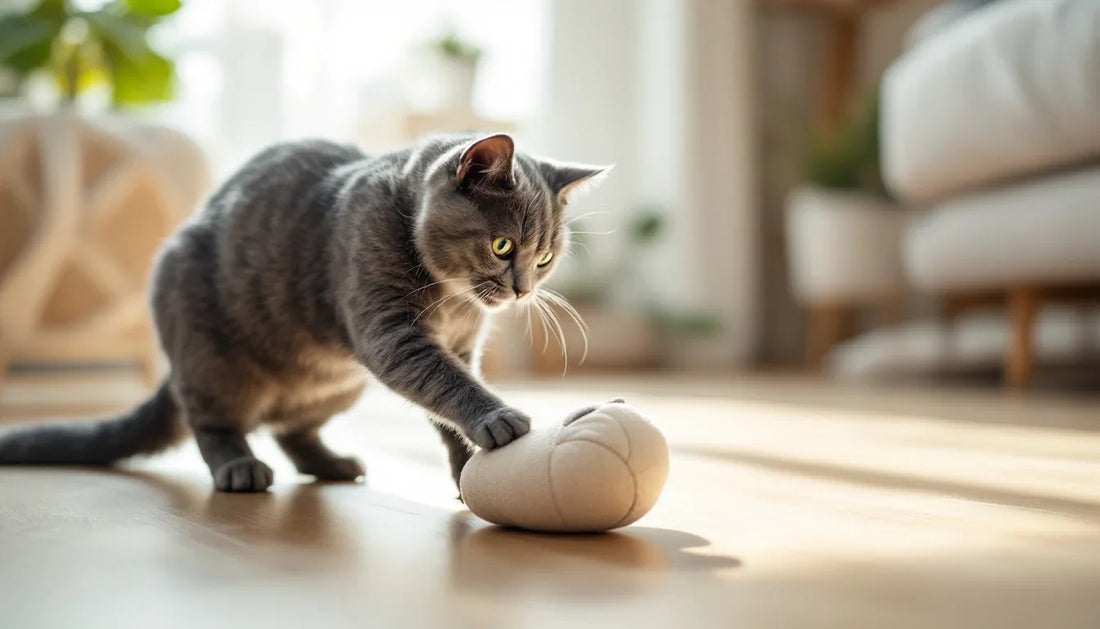 Kedi yumuşak kumaş oyuncağıyla evde oynarken