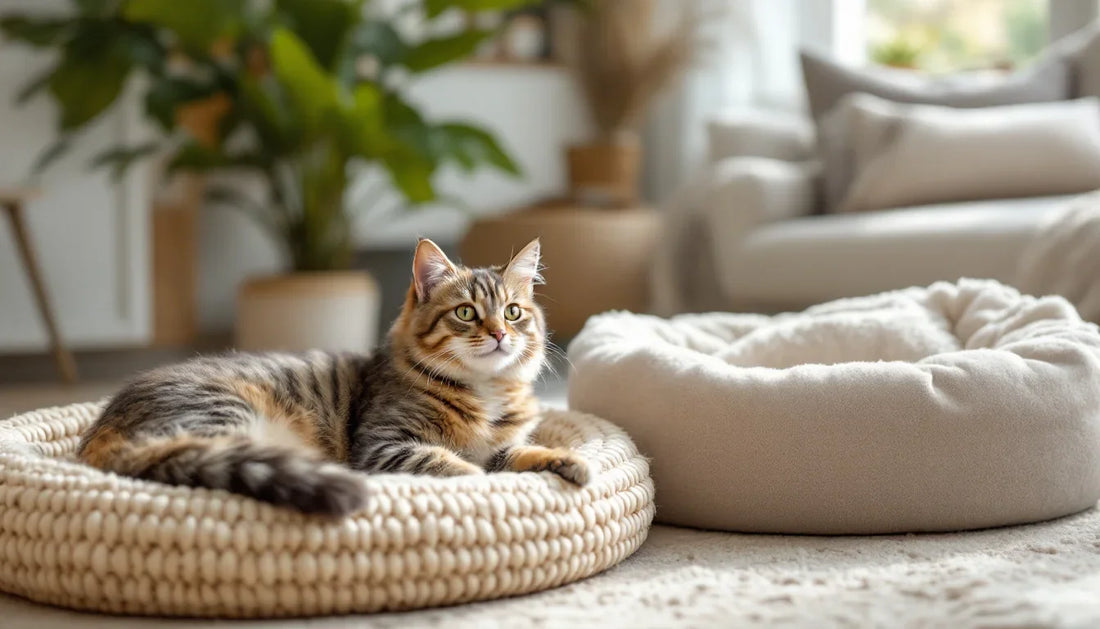 Çim dokulu kedi yatağı ile peluş kedi yatağının yan yana karşılaştırması