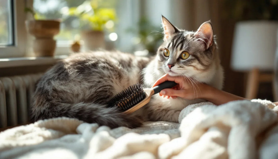 Kedi sahibinin evde kedisini yumuşak bir fırçayla nazikçe fırçalaması