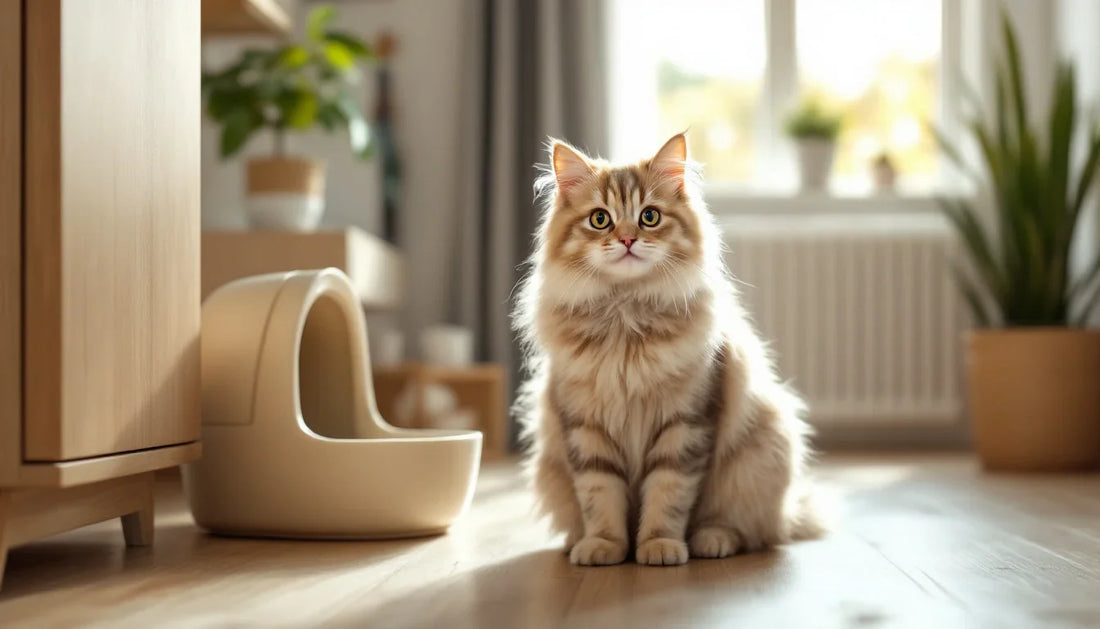 Kum kabının yanında duran tüylü bir kedi