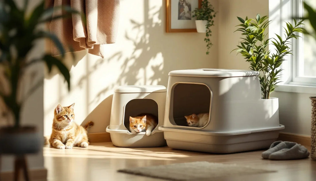 Kapaklı ve açık kedi tuvaleti kutularının ev içinde yan yana karşılaştırması