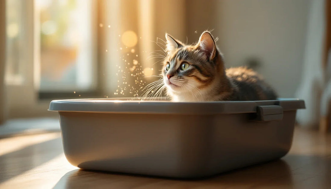 Aydınlık ve havadar bir odada bulunan kedi kumu kabı ve havada süzülen ince toz parçacıkları