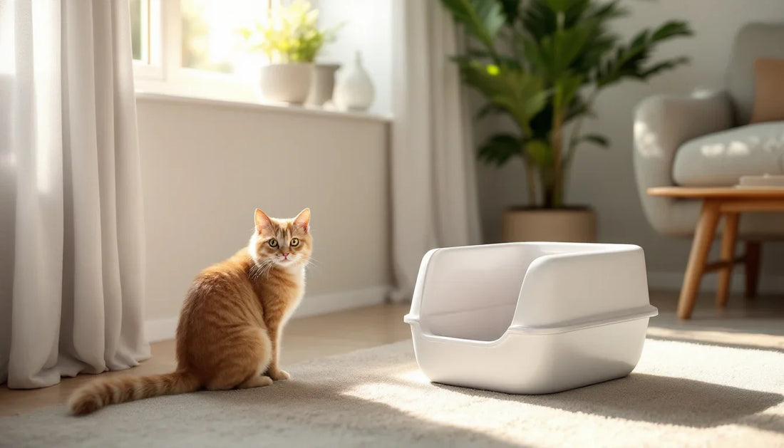 Kedi kumu kutusunun yanında oturan bir kedi