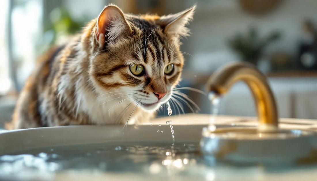 Akan sudan içen bir kedi, ev ortamında otomatik su çeşmesi başında
