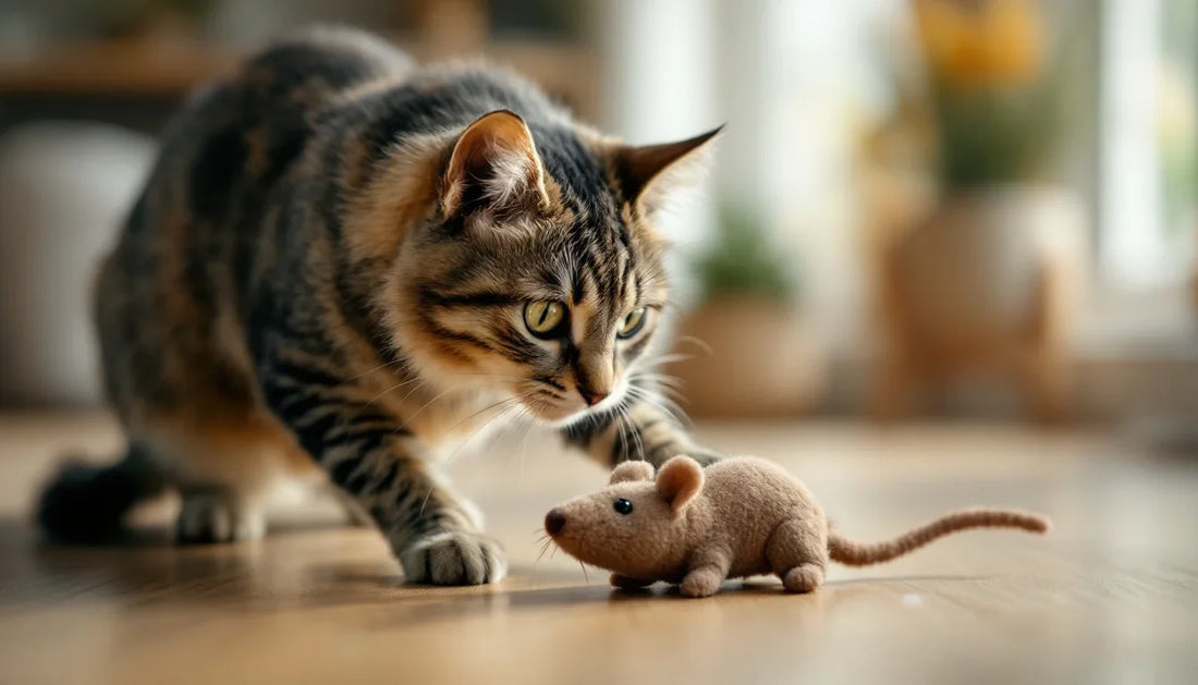 Yıpranmış peluş fare oyuncağıyla oynayan kedi