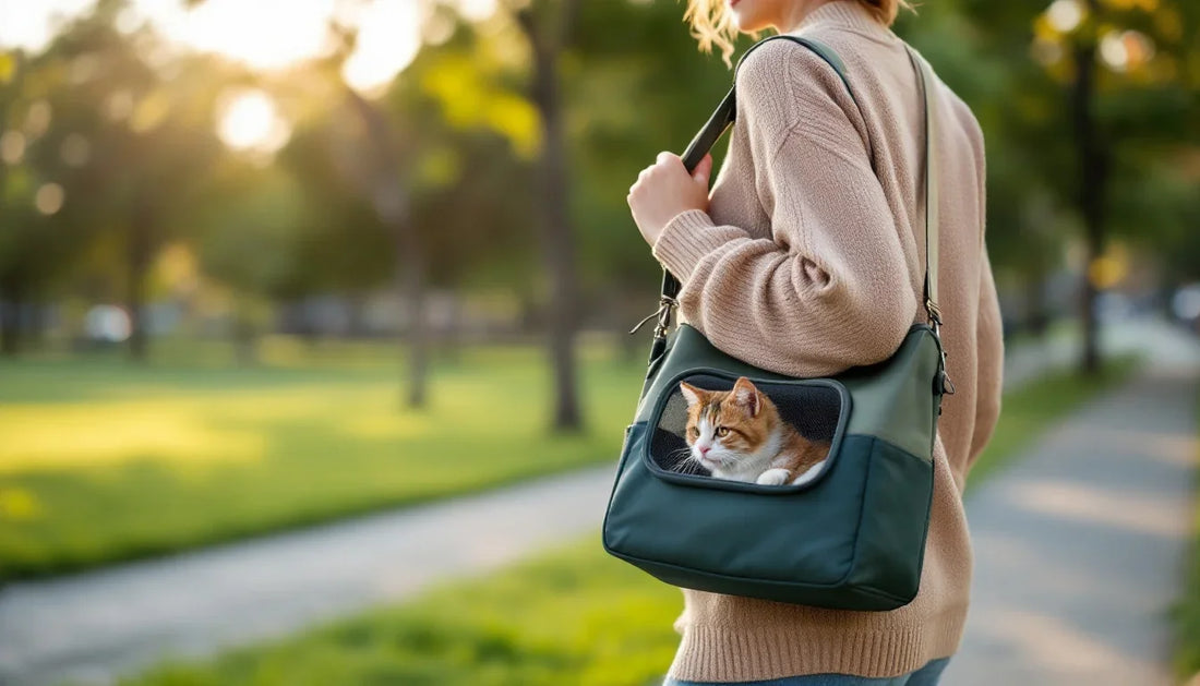 Omuz askılı kedi taşıma çantasıyla dışarıda yürüyen bir kişi