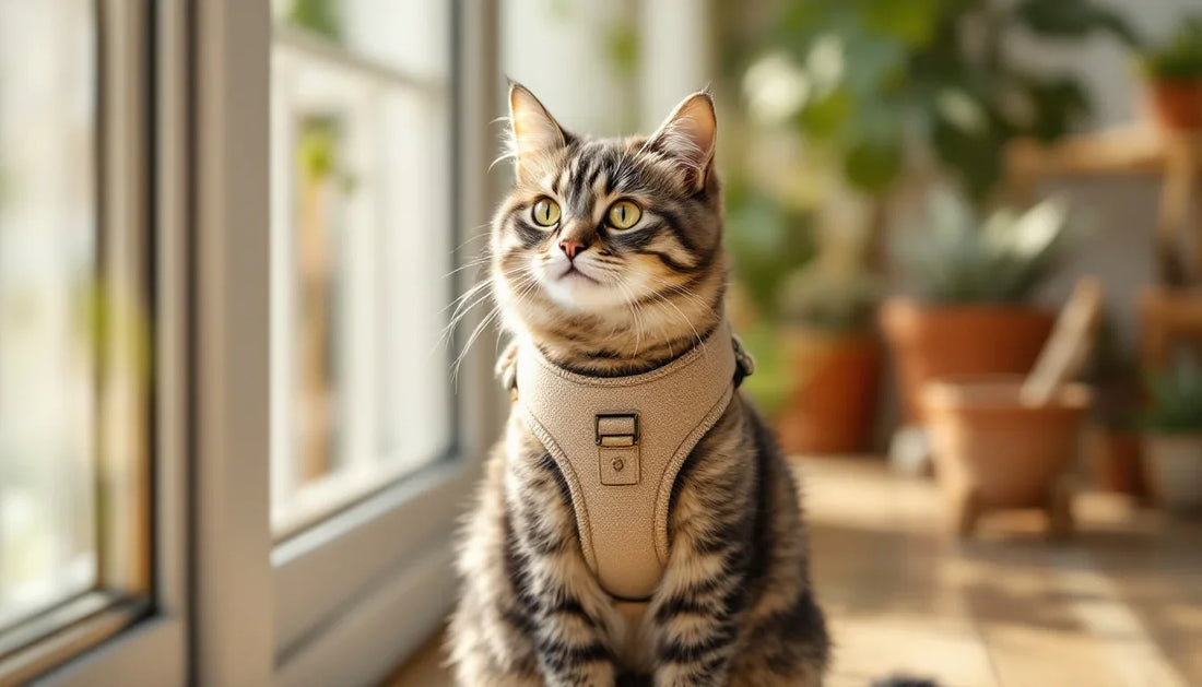 Göğüs tasması takılı bir kedi balkonda dış mekana bakıyor