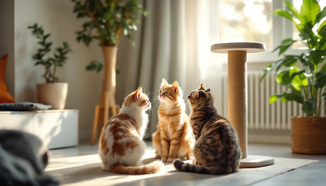 Çok kedili bir evde tırmalama direğine yaklaşan iki kedi