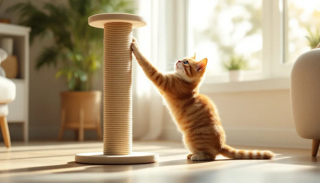 Kedi, ev içinde sisal ip kaplı tırmalama direğini kullanırken