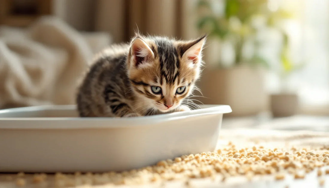 Kum kutusunu merakla inceleyen yavru kedi