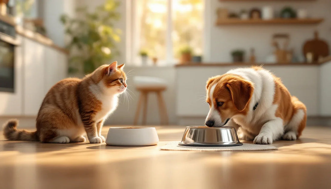 Kedi ve köpeğin ayrı mama kaplarından beslendiği ev ortamı