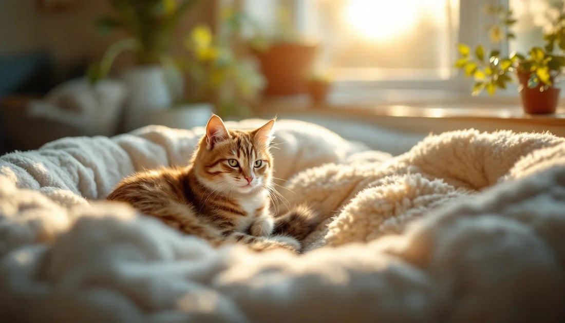 Kedi yatağının yanında dinlenmeyi deneyen tekir kedi