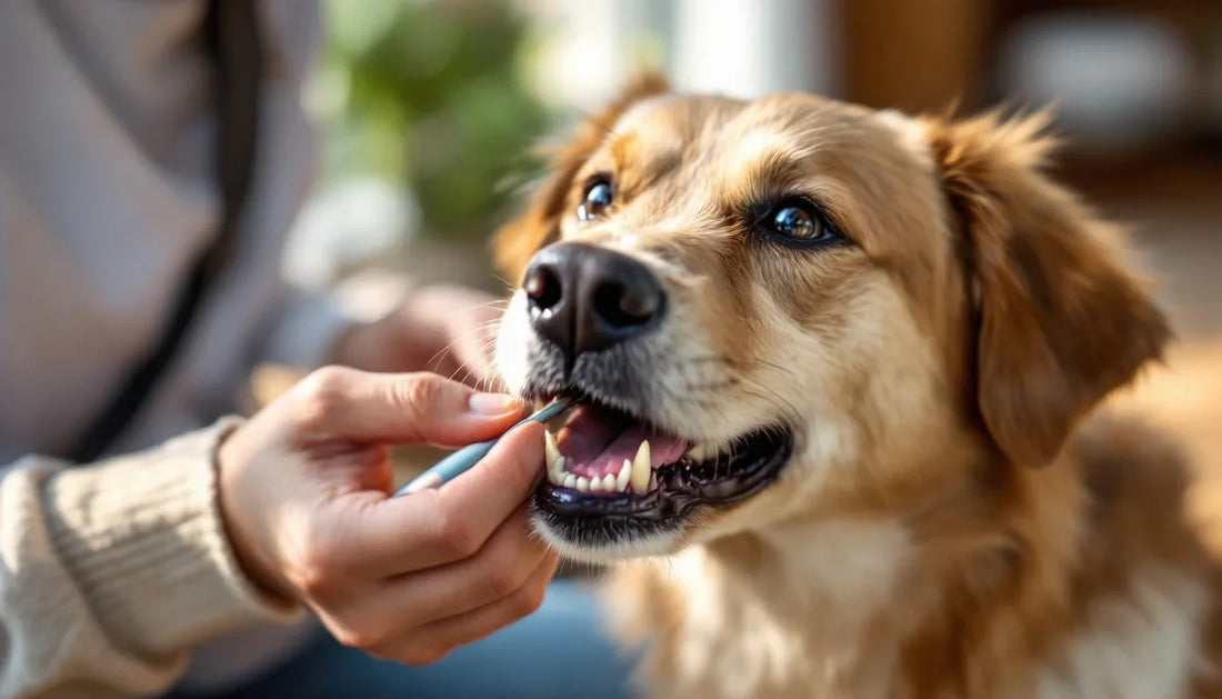 Bir köpek sahibinin köpeğinin ağzını nazikçe kontrol etmesi