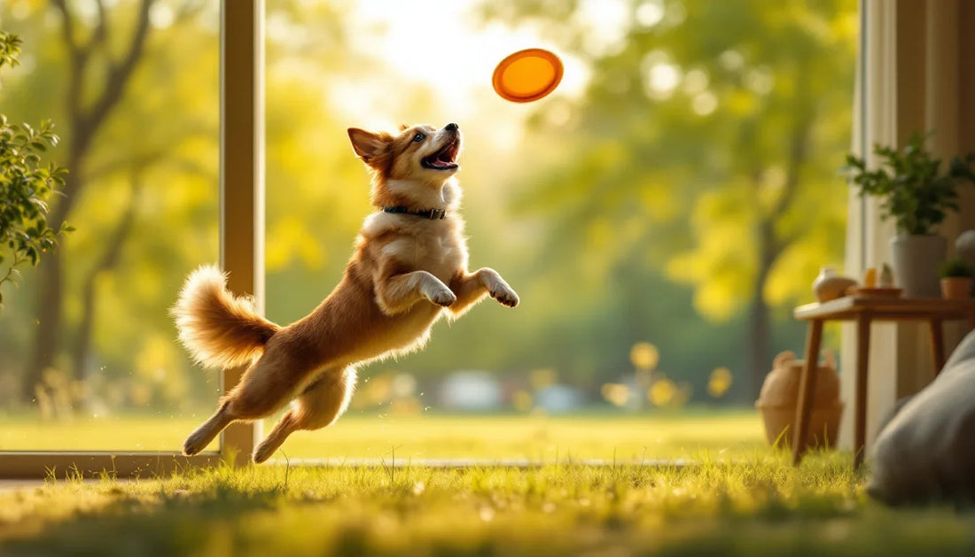 Parkta havada sıçrayarak frizbi yakalayan enerjik bir köpek