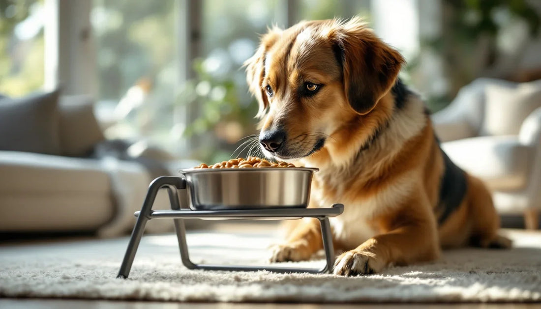 Büyük ırk bir köpek yükseklik ayarlı mama kabından beslenirken