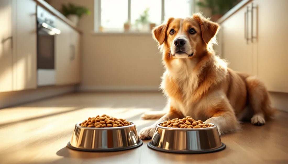 Köpek mama geçiş sürecinde iki farklı mama kabı önünde bekleyen köpek