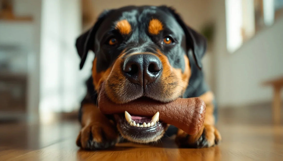 Güçlü çeneli bir köpeğin kauçuk oyuncakla oynarken çiğneme davranışı