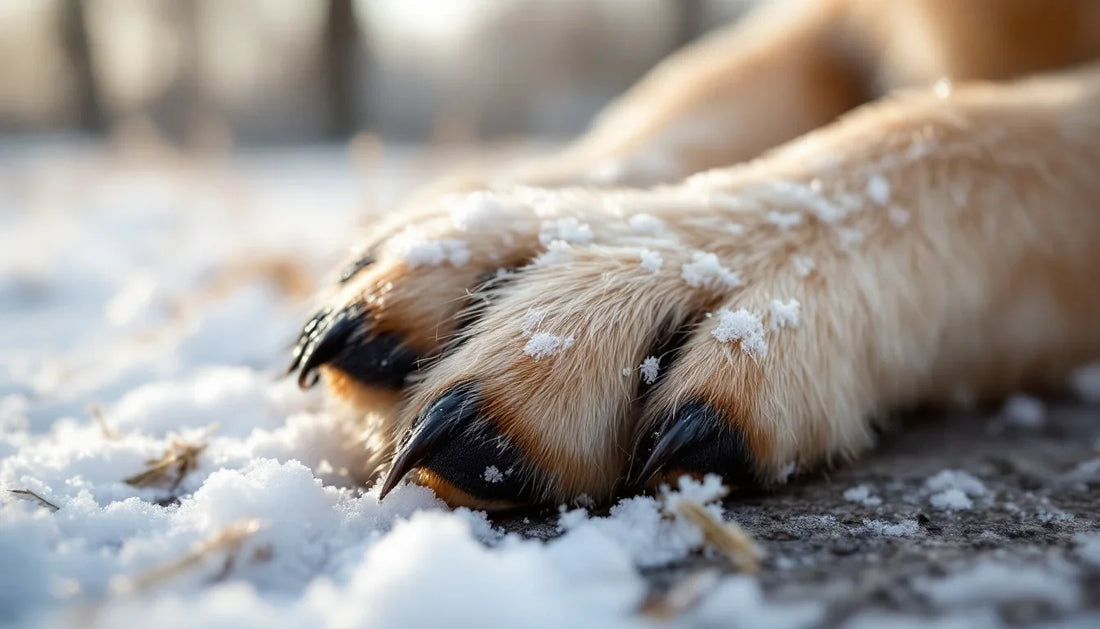 Kar üzerinde duran köpek patisinin yakından görünümü