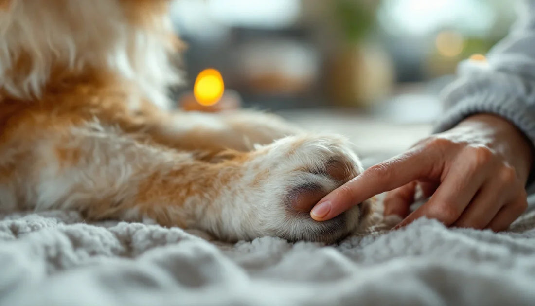 Köpek sahibinin köpeğin patisine krem sürdüğü yakın çekim fotoğraf