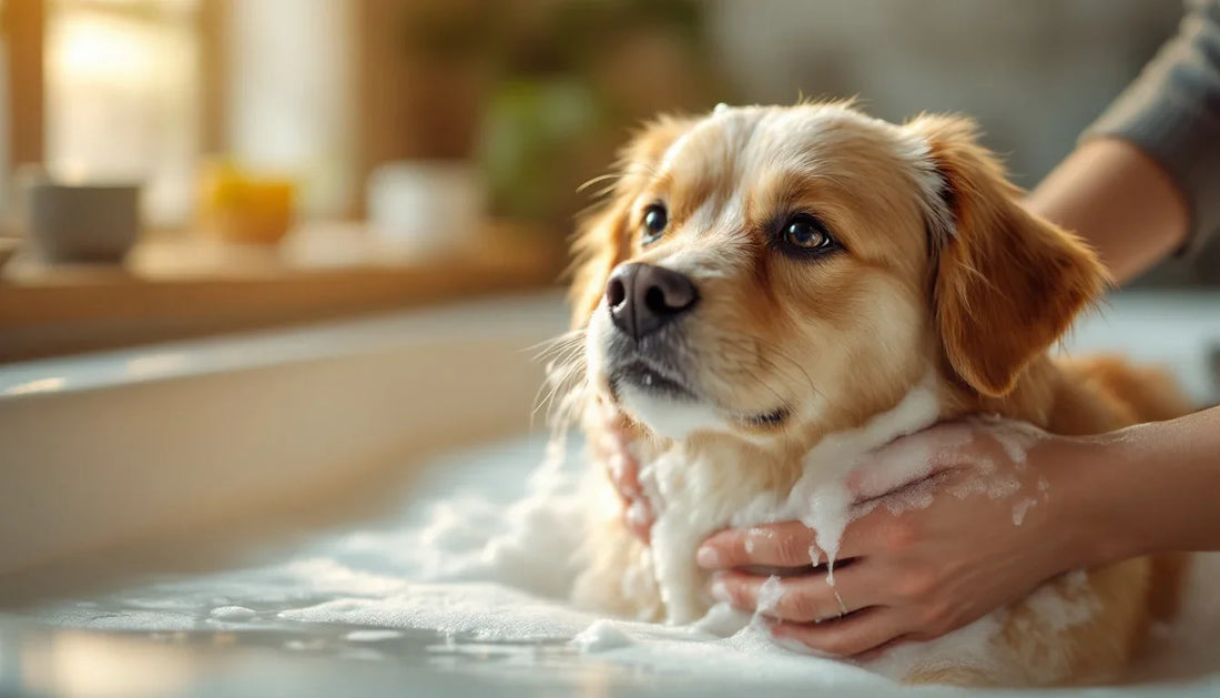 Evde banyo yaptırılan bir köpek, sahibi tarafından nazikçe yıkanıyor