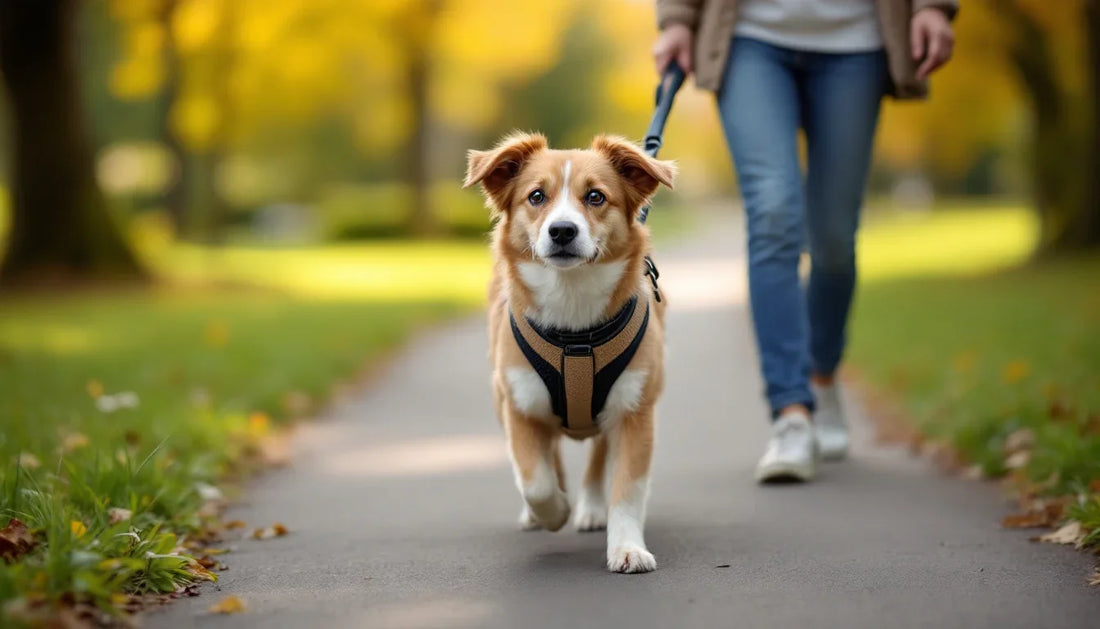 Hem göğüs tasması hem tasma ile gezdirilen bir köpek