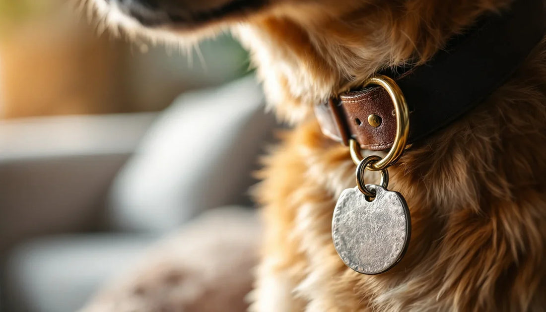Köpek tasmasına takılı metal kimlik etiketinin yakın çekim görüntüsü