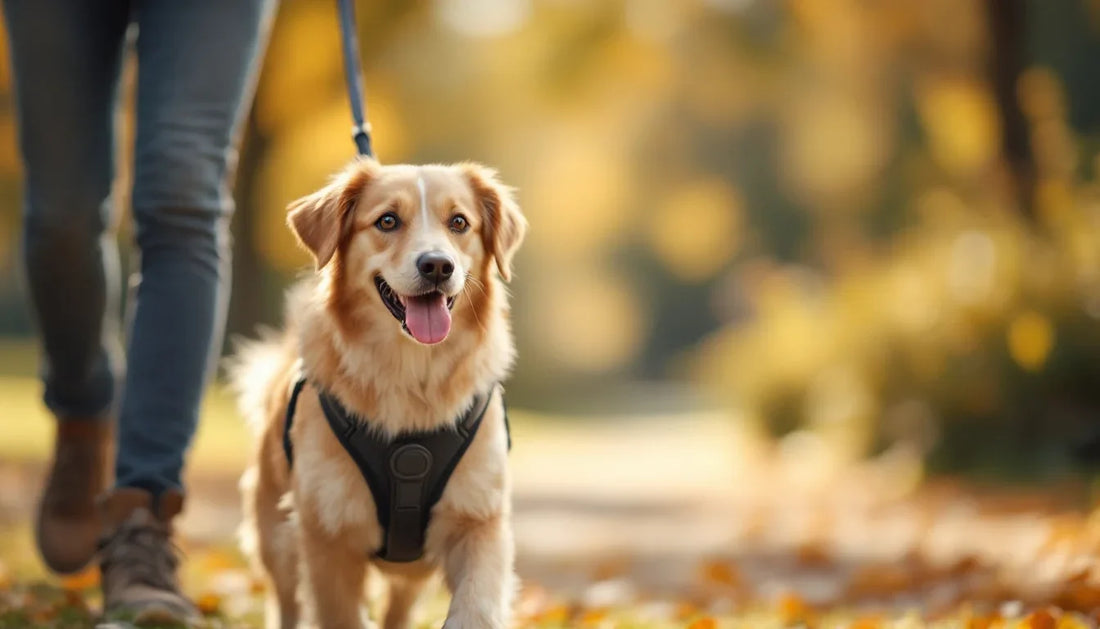 Göğüs tasması takılı bir köpek parkta yürüyüş yaparken