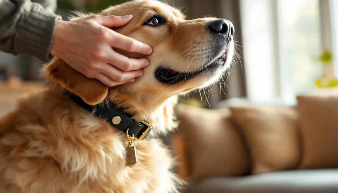 Bir elin köpek tasmasının sıkılığını iki parmakla kontrol etmesi