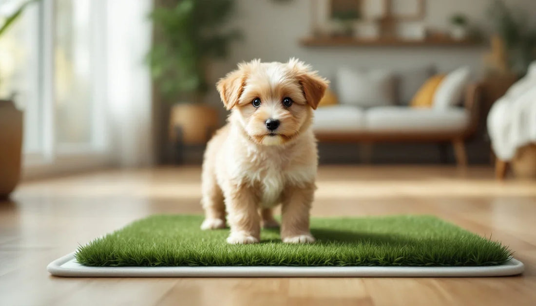 Yavru köpek tuvalet pedi ile yapay çim arasında iç mekanda dururken
