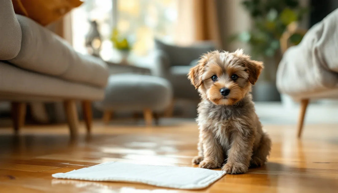 Sakin bir ev köşesinde tuvalet pedinin yanında oturan yavru köpek