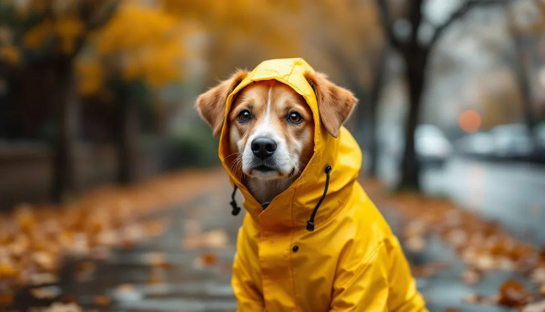 Yağmurlu havada su geçirmez yağmurluk giymiş bir köpek