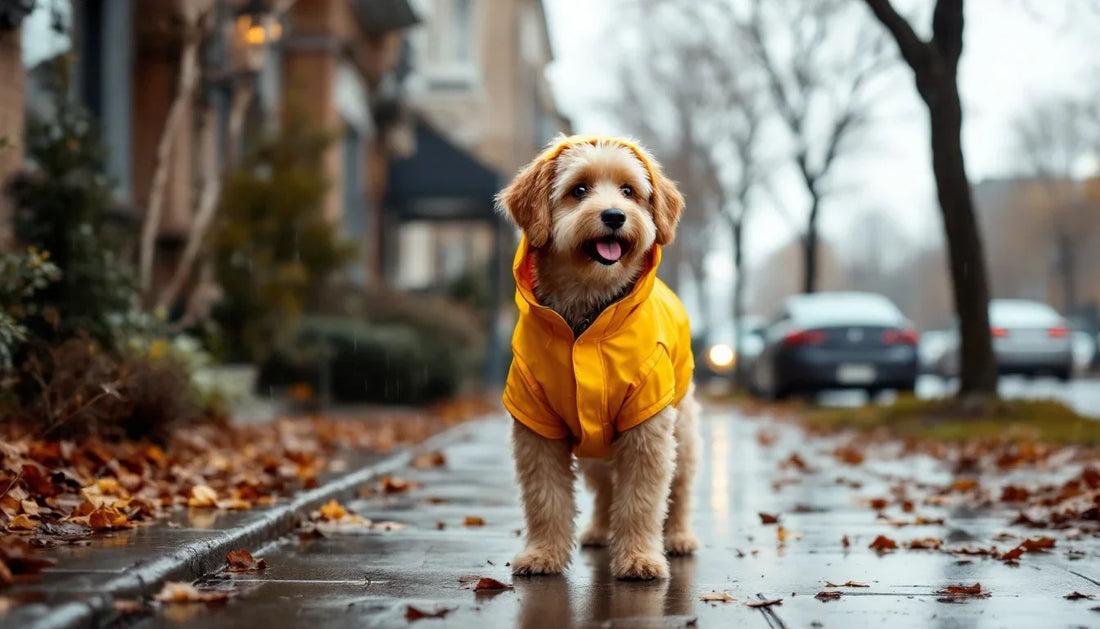 Yağmurlu havada su geçirmez yağmurluk giyen köpek