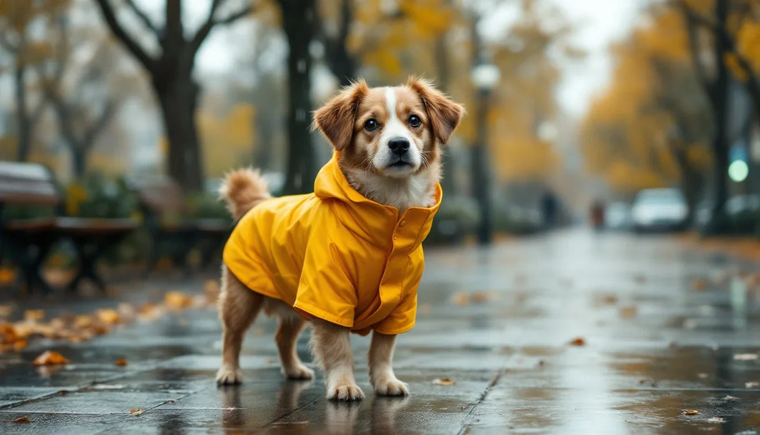 Yağmurda su geçirmez montunu giymiş köpek yürüyüş yaparken