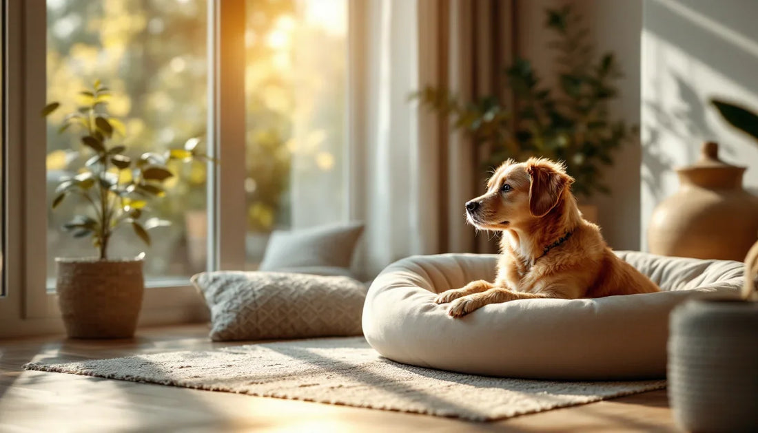Salonun sakin bir köşesine yerleştirilmiş köpek yatağı