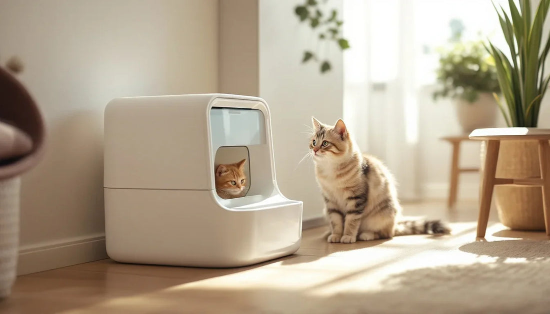 Ev ortamında duran otomatik kedi tuvaleti yanında oturan bir kedi