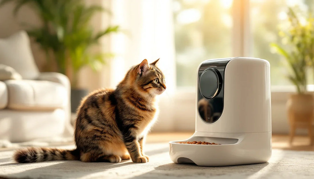 Yaşlı bir kedi otomatik mama besleyicinin yanında oturuyor
