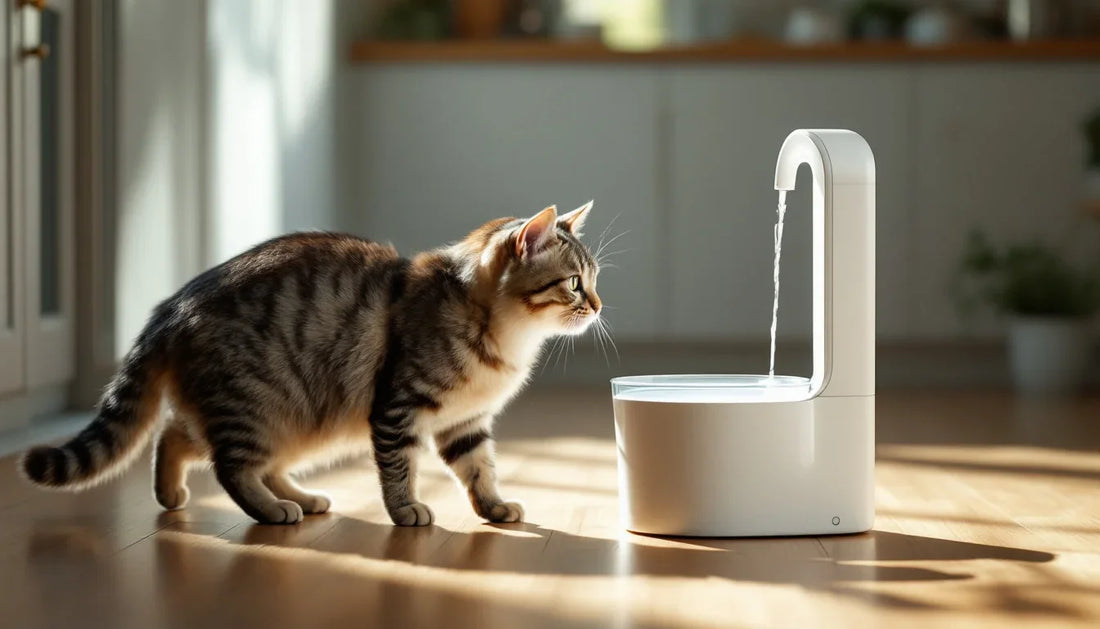 Otomatik su kabına temkinli yaklaşan bir kedi