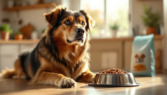 Mama kabının yanında oturan sağlıklı bir köpek