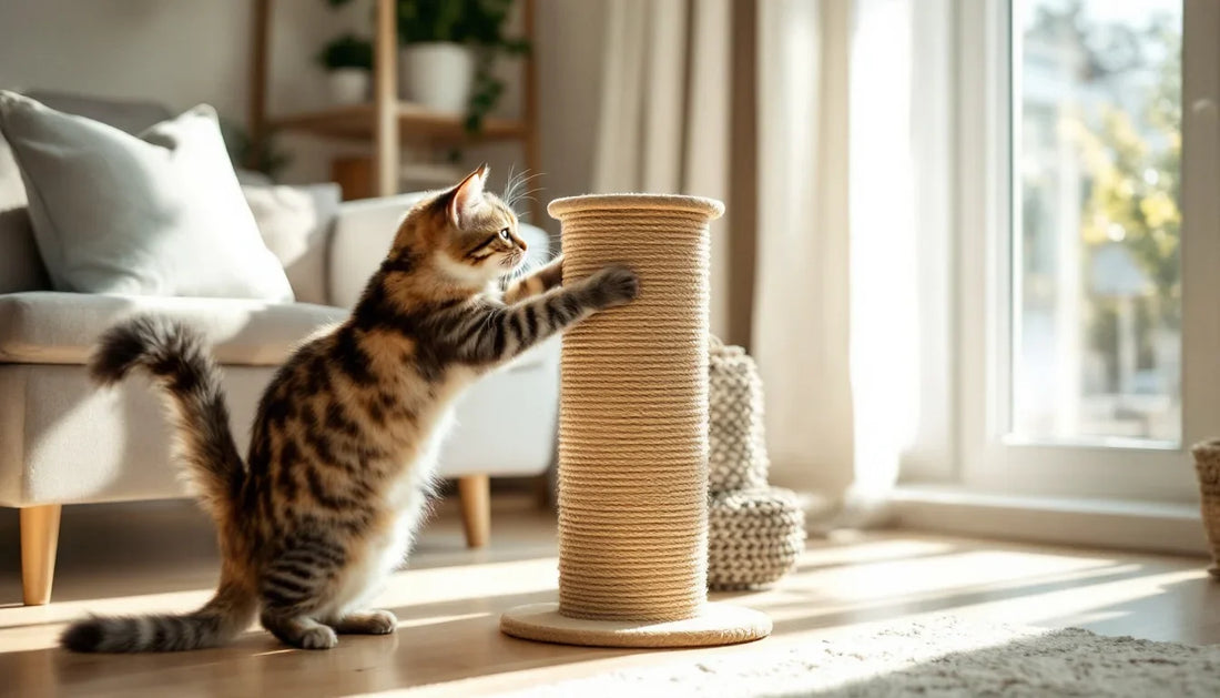 Kedi, koltuğun yanına yerleştirilmiş sisal tırmalama direğini kullanıyor