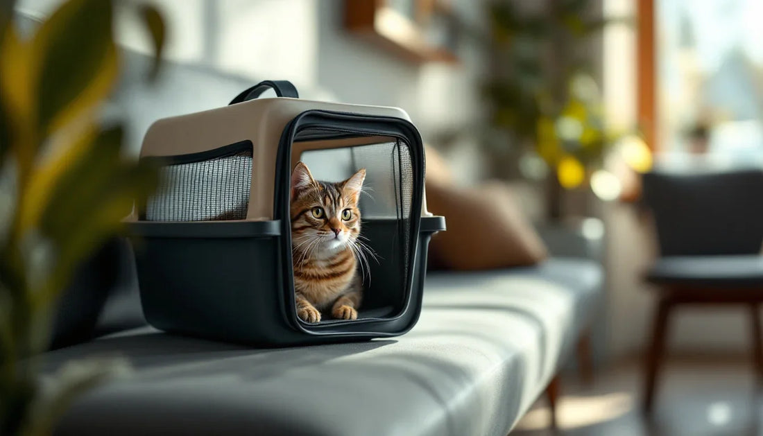 Veteriner bekleme salonunda kedi taşıma çantası içinde bekleyen kedi