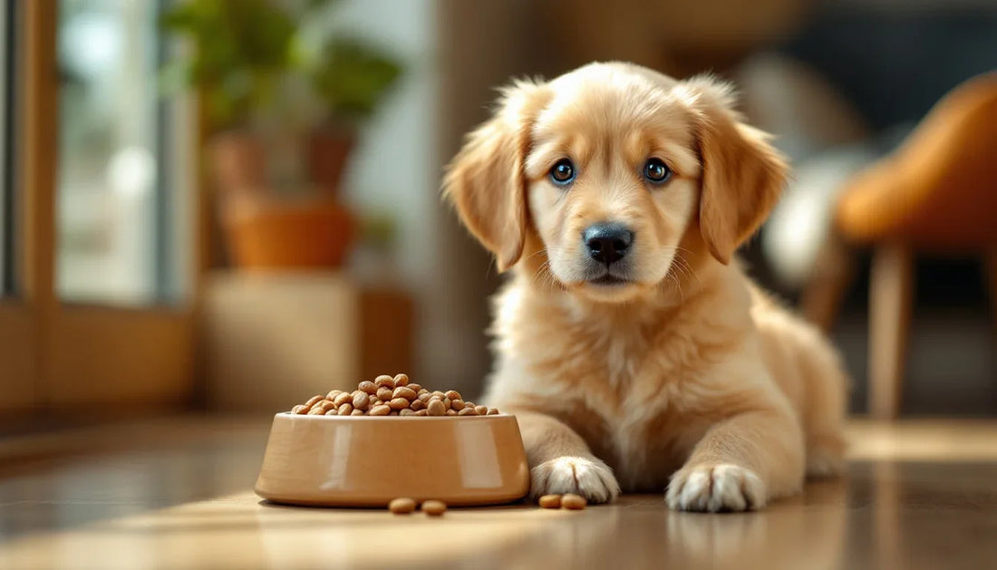 Mama kabının yanında oturan yavru köpek