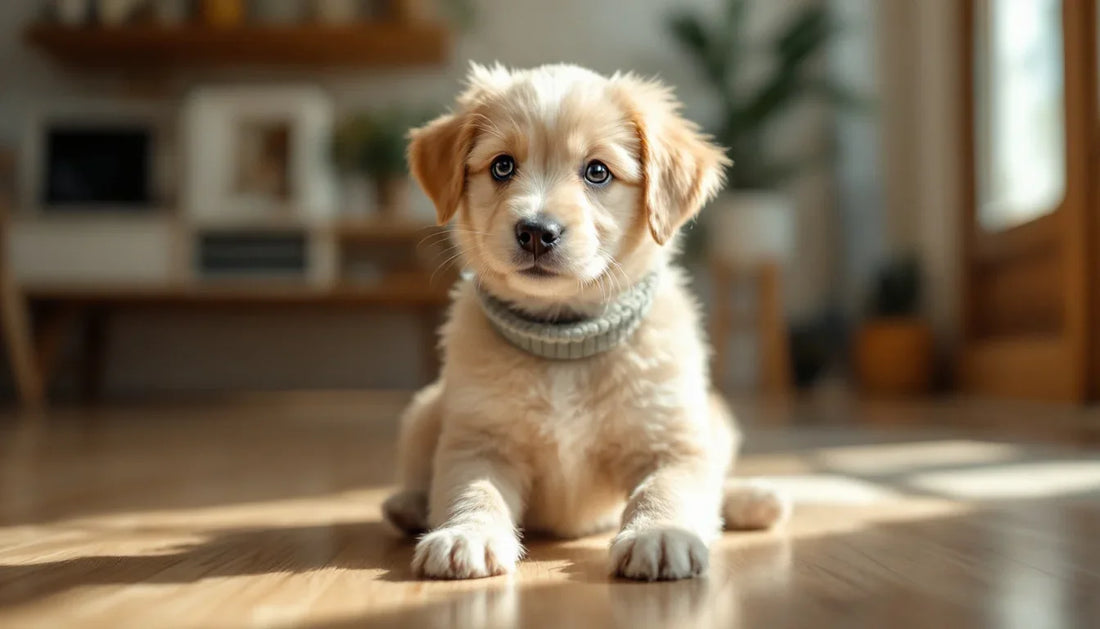 Yumuşak tasma takılmış yavru köpek ev içinde otururken
