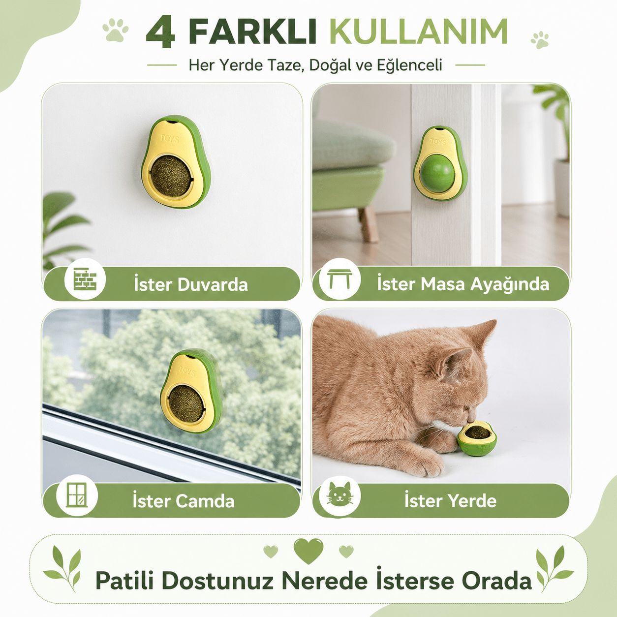 Avokado Kedi Çimi Topu – Dönen Toplu Duvara Yapışan Doğal Kedi Oyuncağı - Petpel