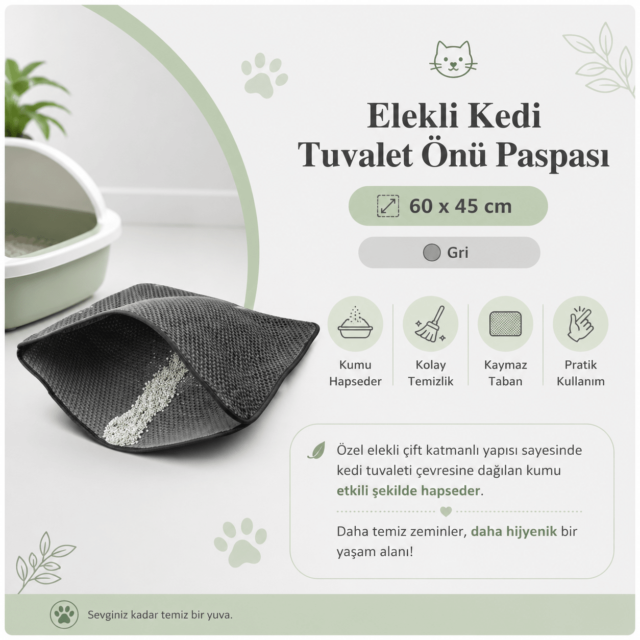Elekli Kedi Tuvalet Önü Paspası 60x45 cm – Gri Çift Katmanlı Kedi Kumu Toplama Matı - Petpel