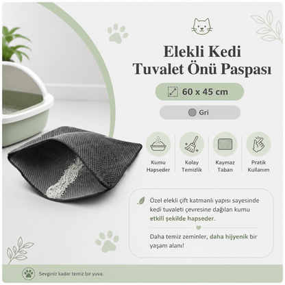 Elekli Kedi Tuvalet Önü Paspası 60x45 cm – Gri Çift Katmanlı Kedi Kumu Toplama Matı - Petpel